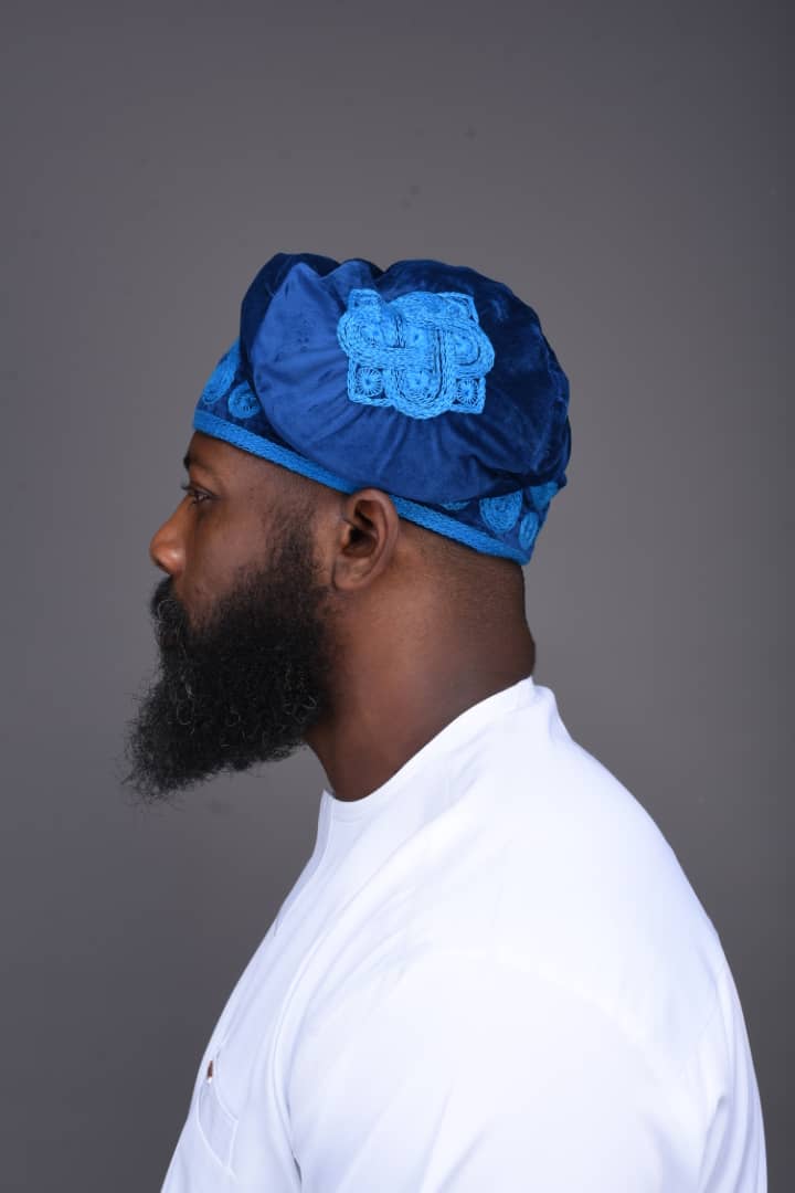 Navy Velvet Ijebu Cap with Light Blue Embroidery