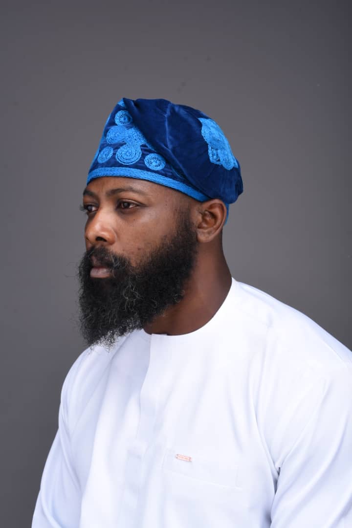 Navy Velvet Ijebu Cap with Light Blue Embroidery