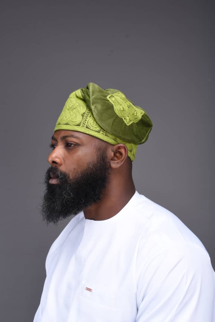 Moss Green Velvet Ijebu Cap with Lime Embroidery