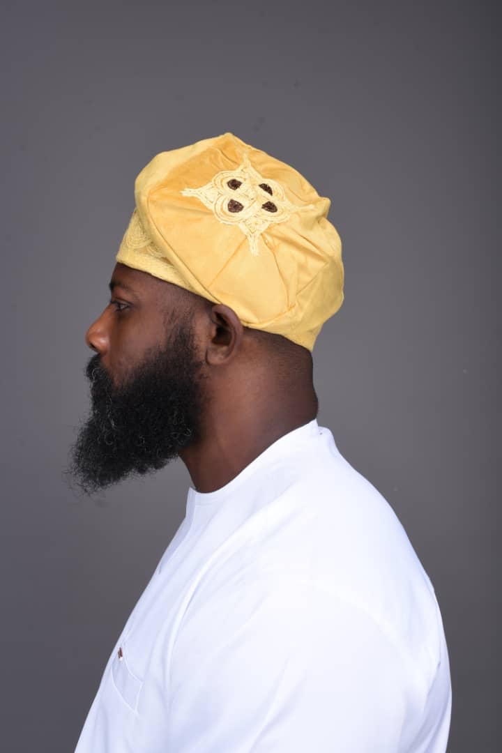 Mustard Velvet Ijebu Cap with Yellow and Coffee Embroidery