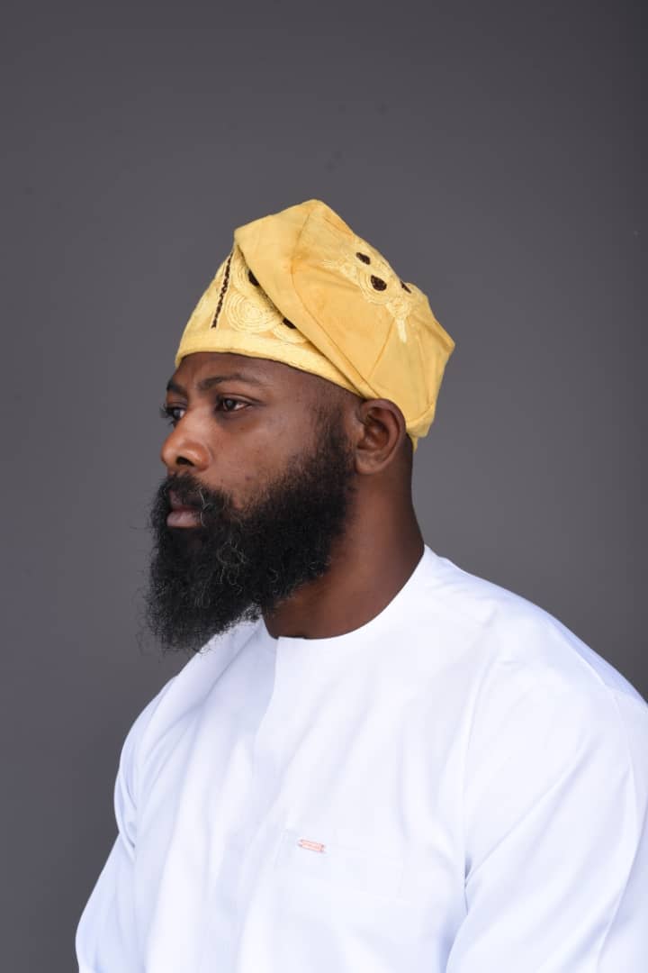 Mustard Velvet Ijebu Cap with Yellow and Coffee Embroidery