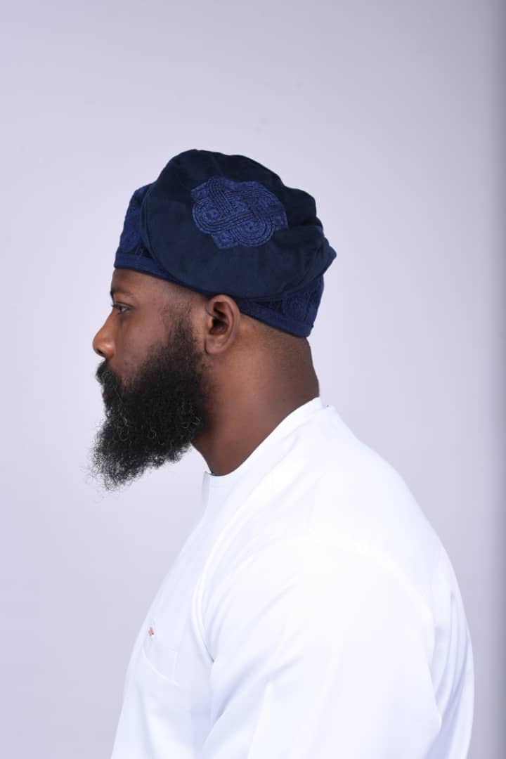 Navy Blue Velvet Ijebu Cap with matching embroidery