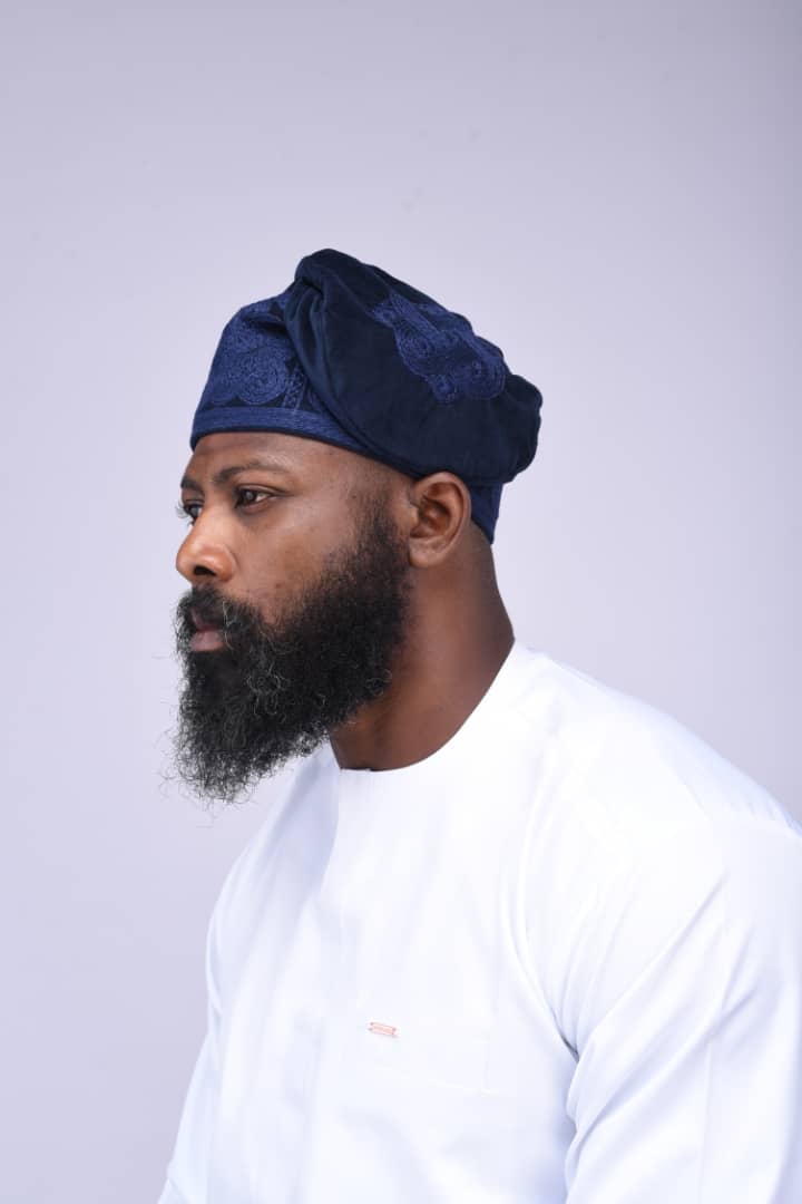 Navy Blue Velvet Ijebu Cap with matching embroidery