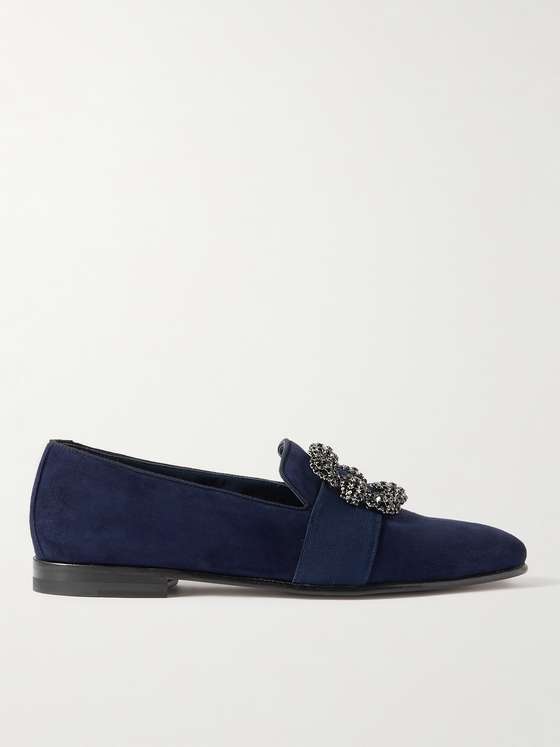 Navy Velvet Crystal Buckle Loafers