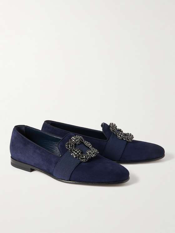 Navy Velvet Crystal Buckle Loafers