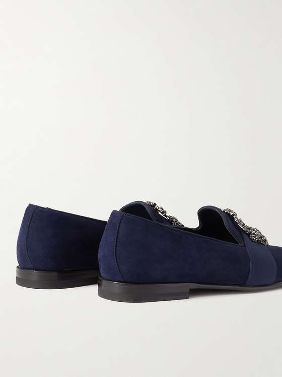 Navy Velvet Crystal Buckle Loafers