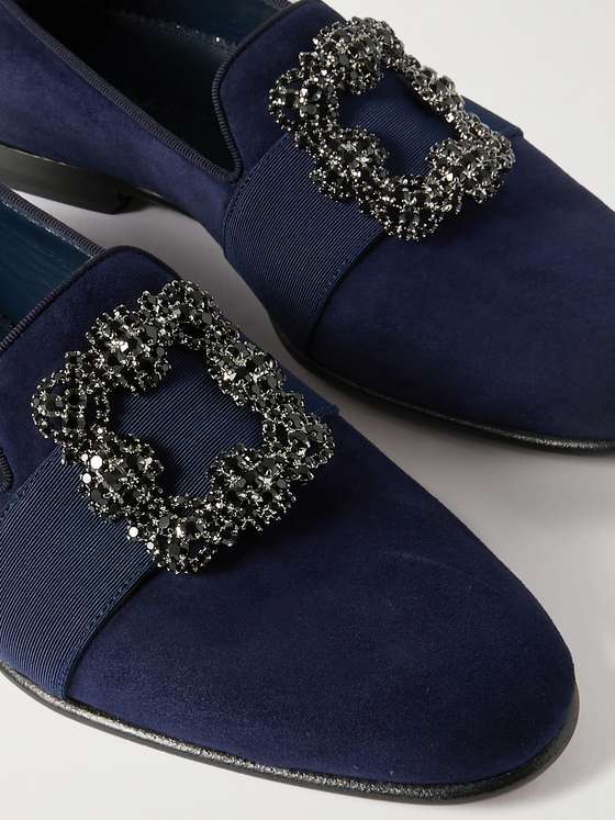 Navy Velvet Crystal Buckle Loafers