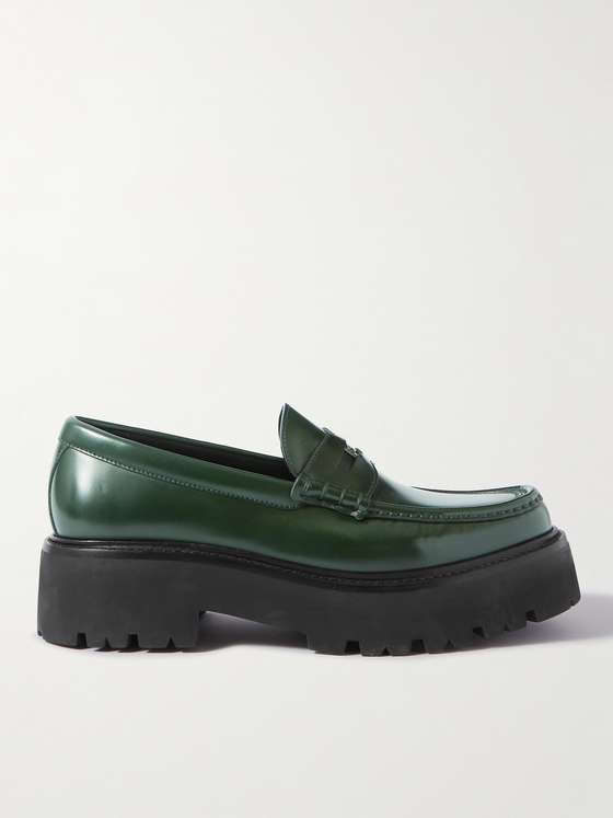 Green Leather Chunky Heel Loafers