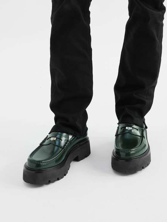 Green Leather Chunky Heel Loafers