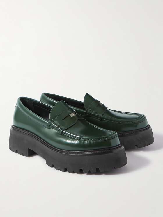 Green Leather Chunky Heel Loafers