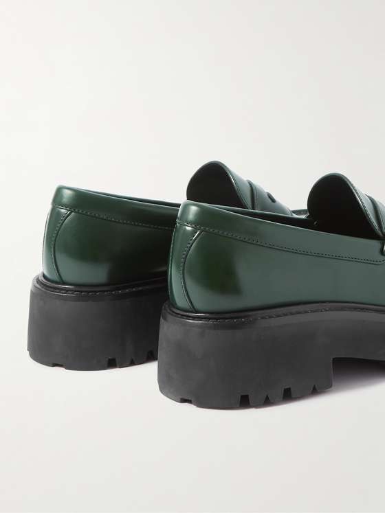 Green Leather Chunky Heel Loafers