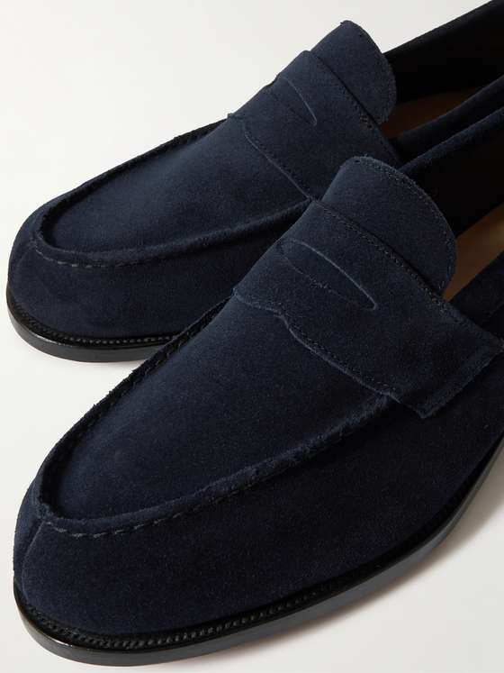 Navy Suede Penny Loafers