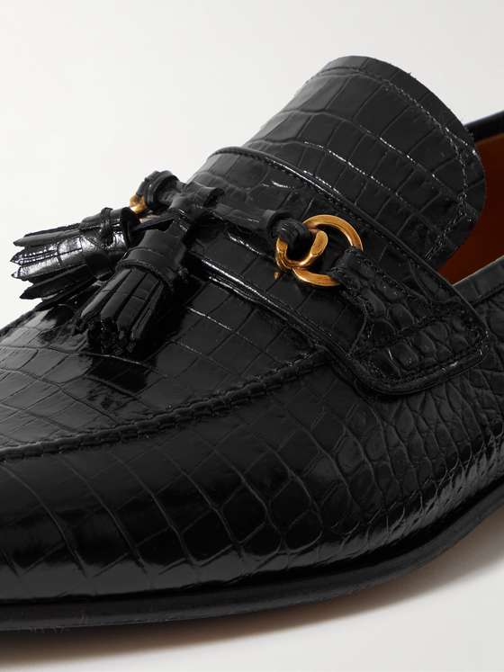 Black Croc Chain and Tassel Loafers