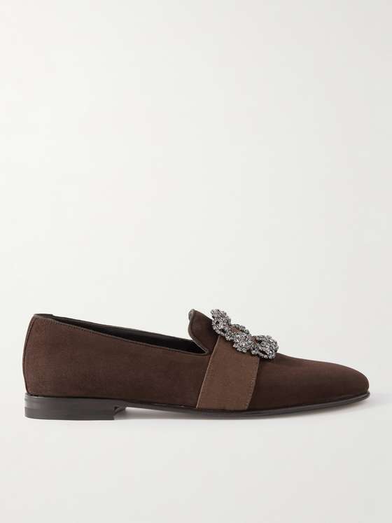 Brown Velvet Crystal Buckle Loafers