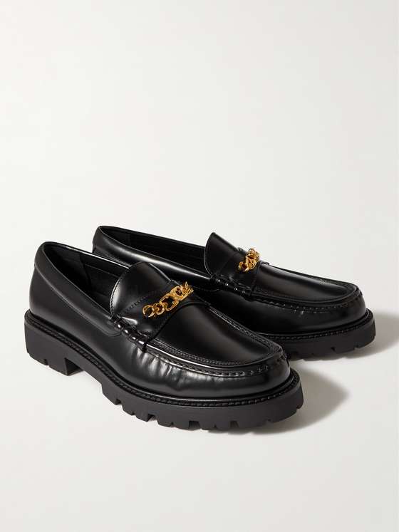 Black Leather Chain Chunky Loafers