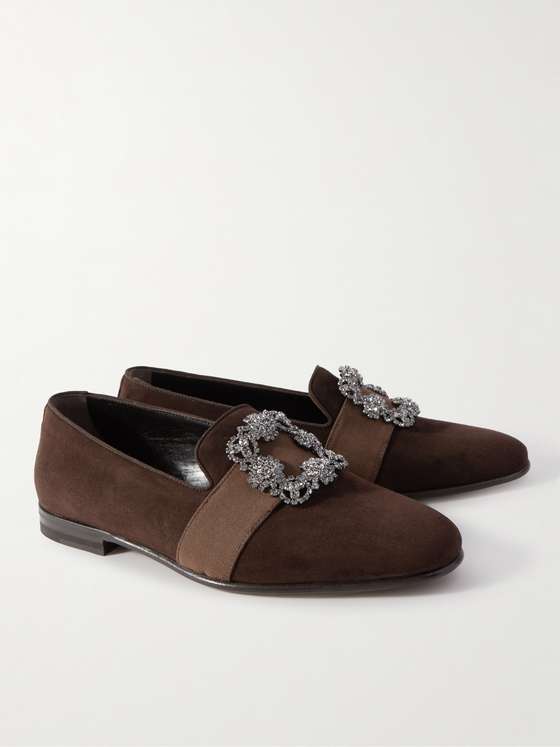 Brown Velvet Crystal Buckle Loafers