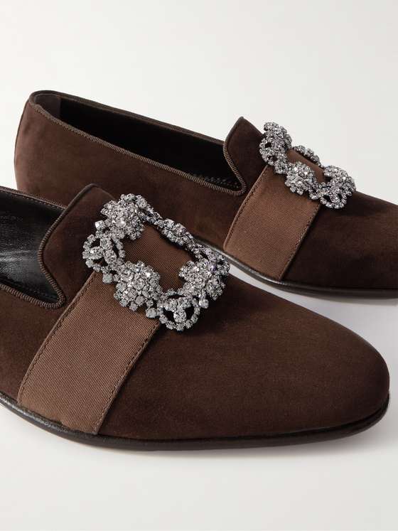 Brown Velvet Crystal Buckle Loafers